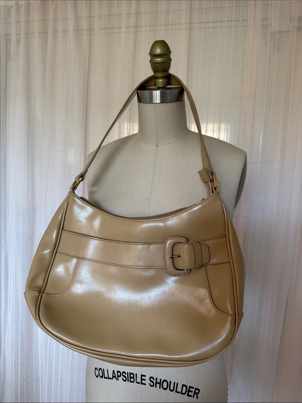 Liz Claiborne Tan Shiny Shoulder Bag with Buckle Accent